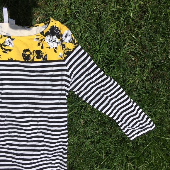 Elle Tops - Striped Floral Top with 3/4-Length Sleeves